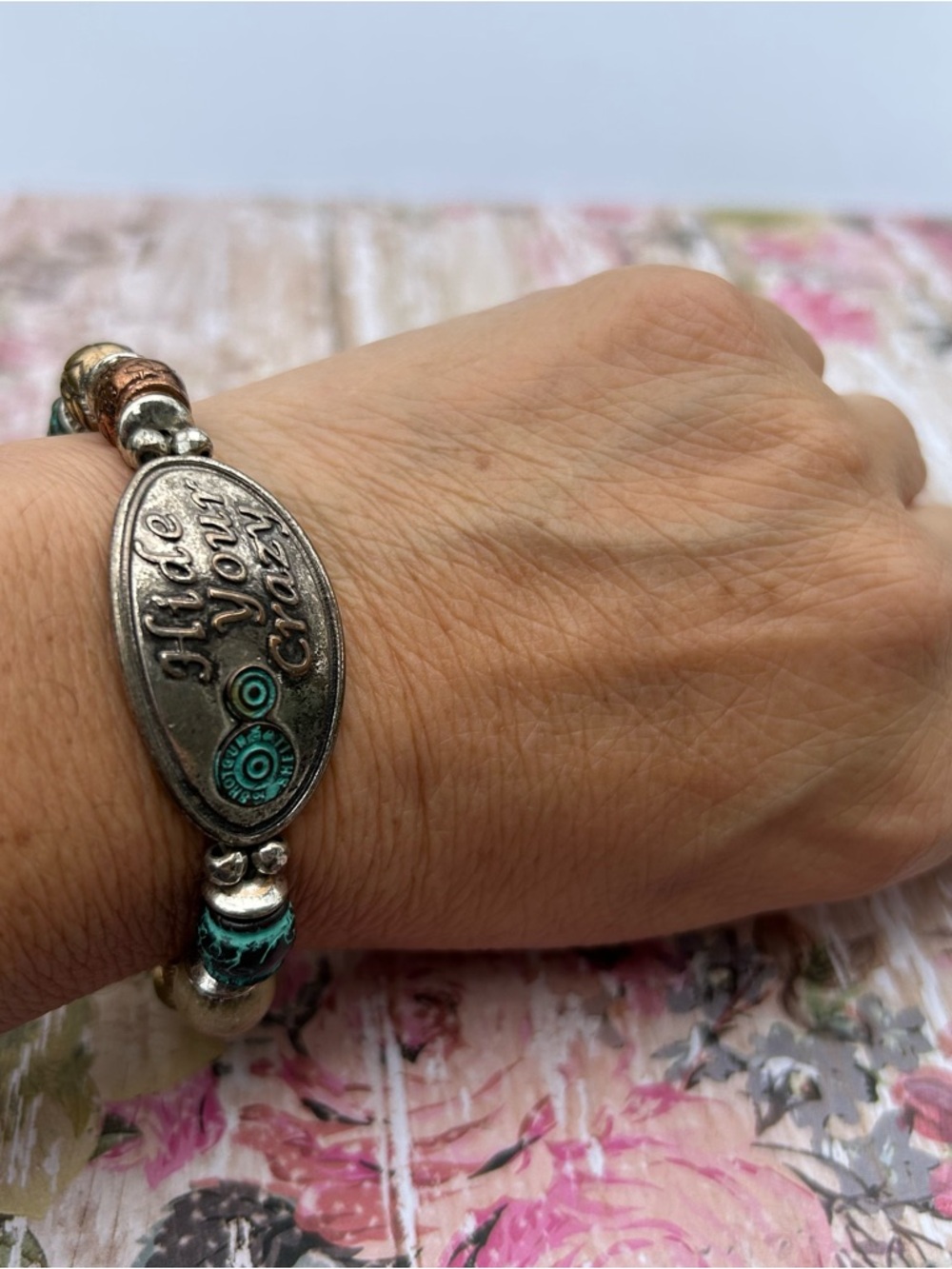 Hide Your Crazy Beaded Stretch Bracelet - Turquoise & Copper - Picture 2 of 6